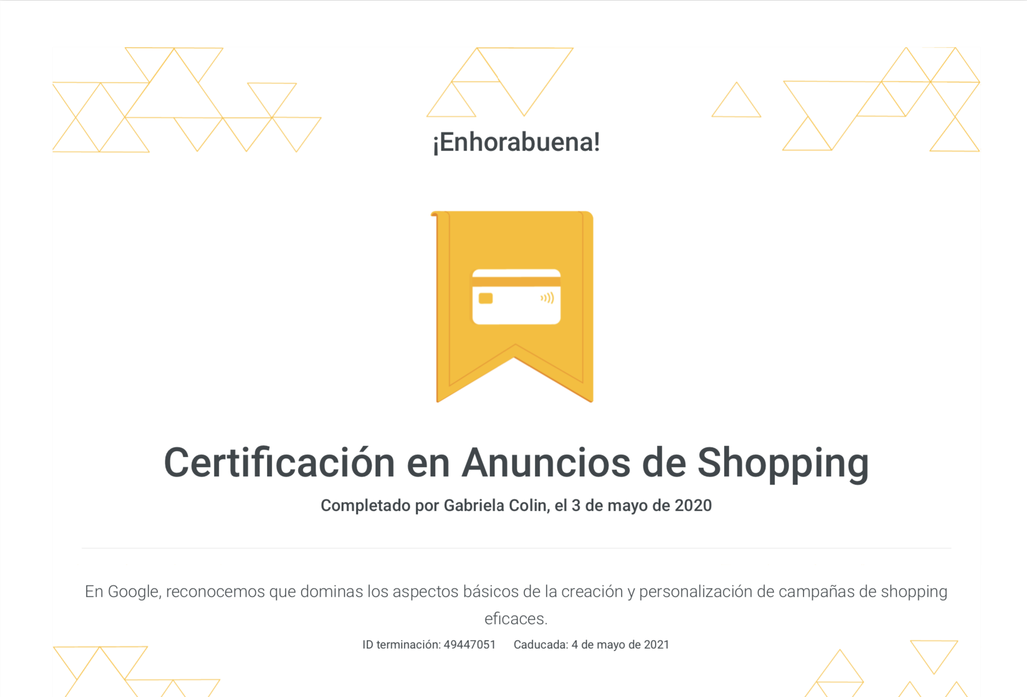 Certificación en anuncios de Shopping